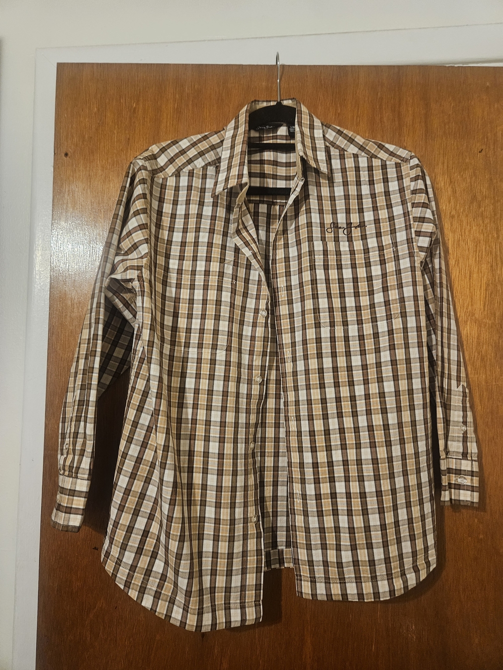 Sean John Brown White Plaid Button-Down Shirt